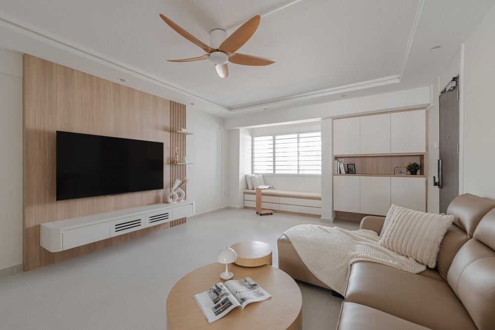 Scandinavian Living Room with TV Console and Feature Wall