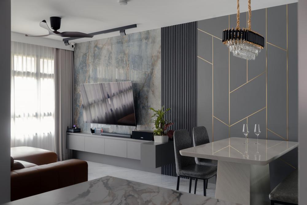 Contemporary Living Room with Marble Floor and TV Console
