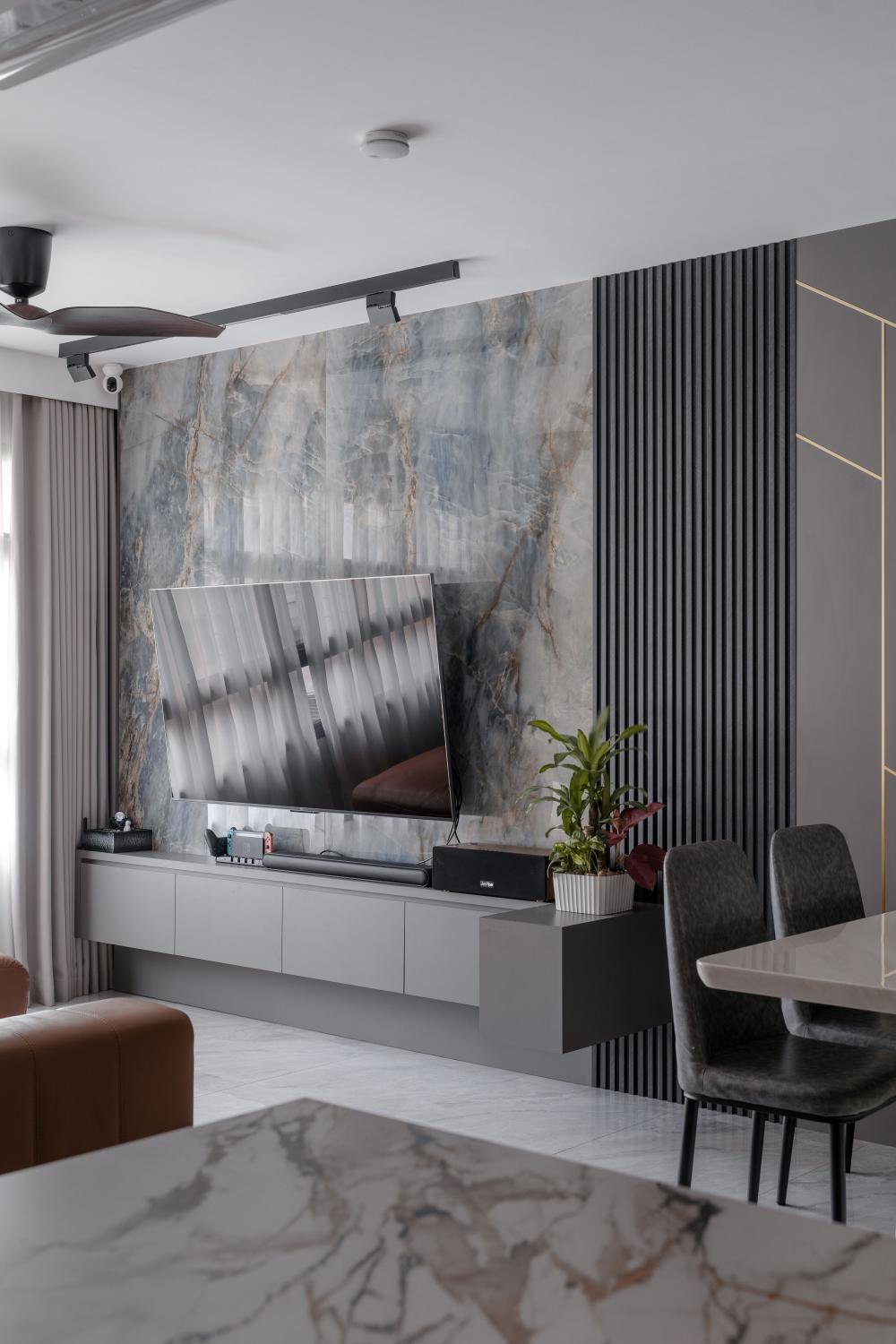 Contemporary Living Room with Marble Floor and TV Console