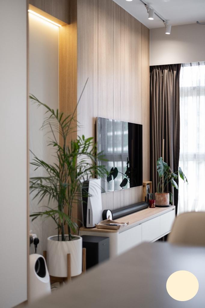 Contemporary Living Room with Homogeneous Tiles and TV Console