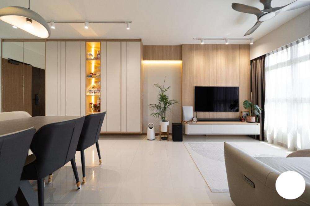 Contemporary Living Room with Homogeneous Tiles and TV Console