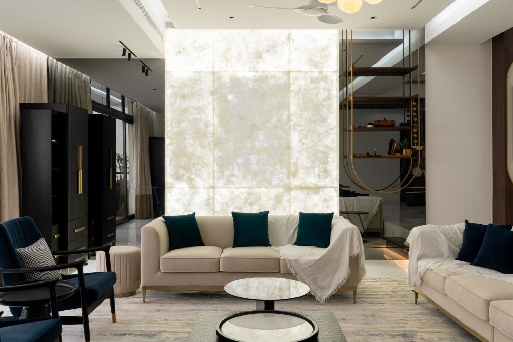 Modern Living Room with Marble Floor and Feature Wall