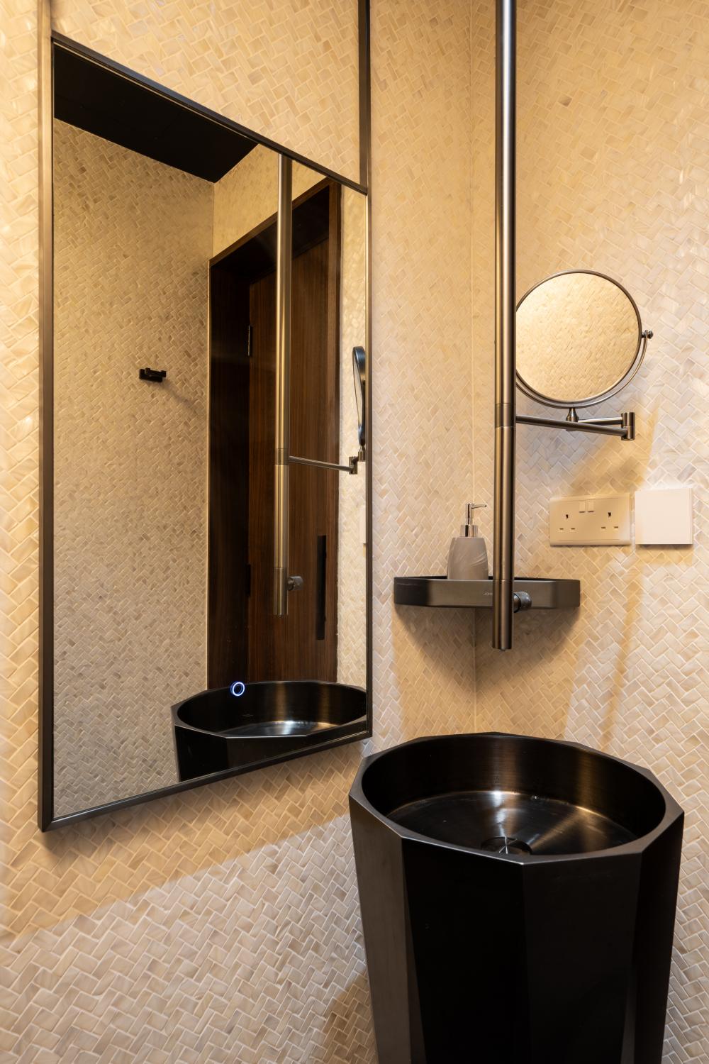Modern Bathroom with Herringbone Tiling and Shower Screen