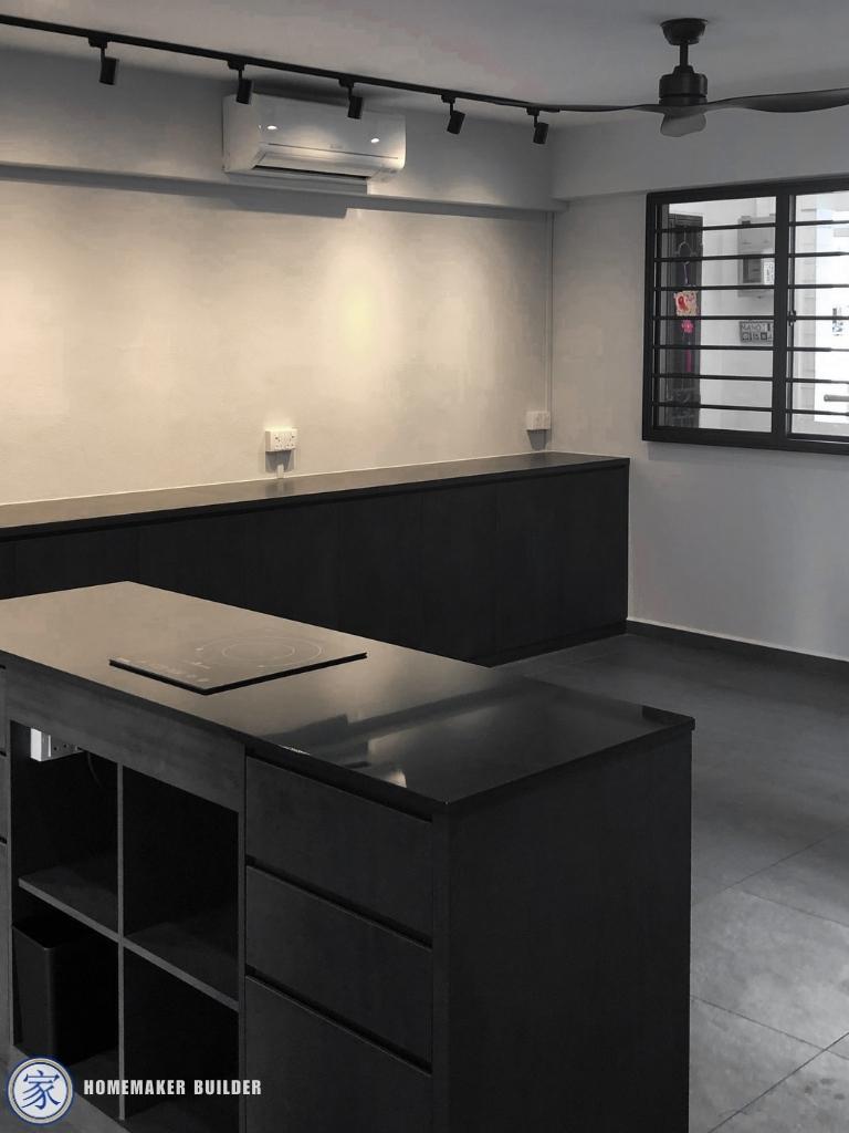 Industrial Dining Room with Homogeneous Tiles and Downlights