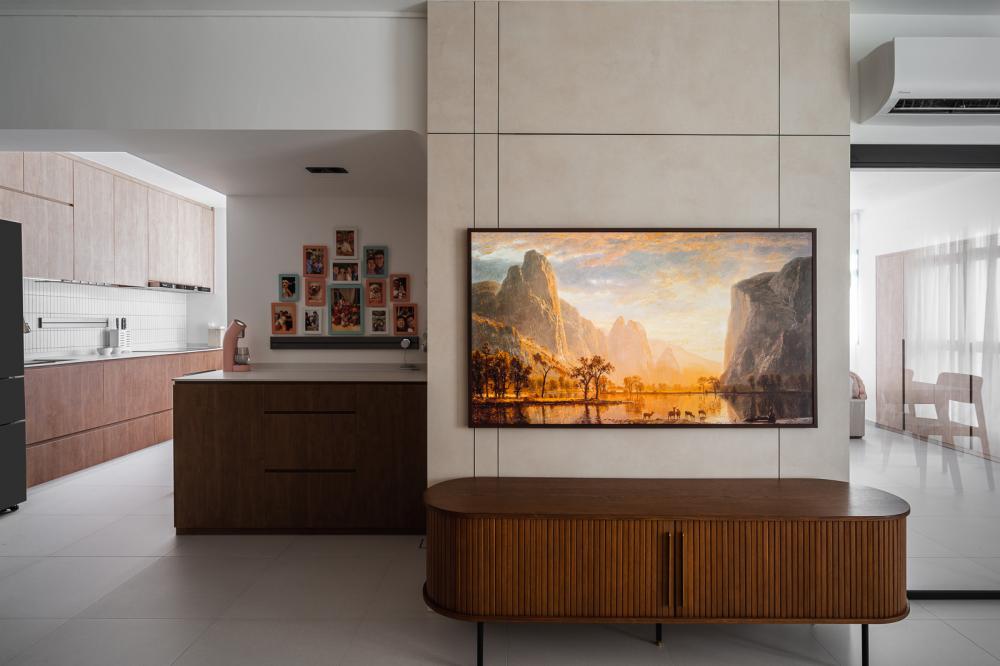Modern Living Room with Homogeneous Tiles and TV Console