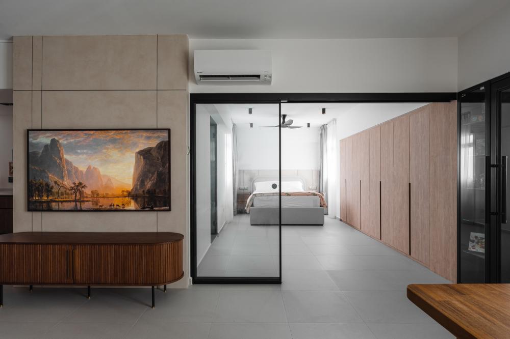 Modern Living Room with Homogeneous Tiles and TV Console