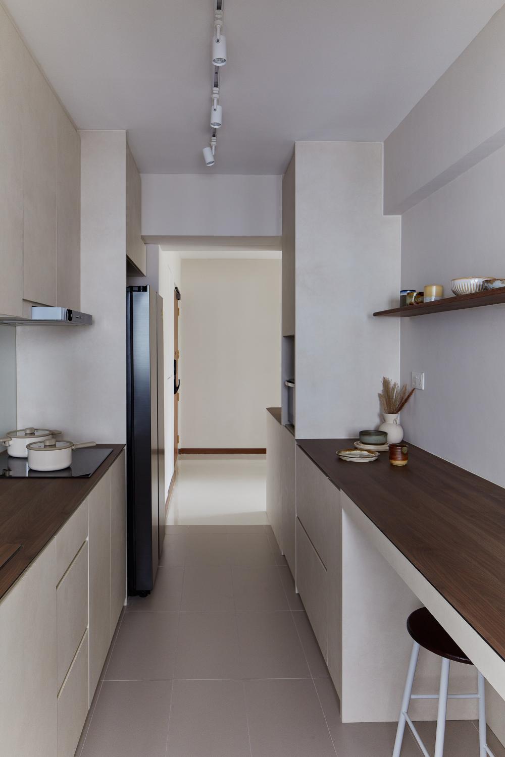 Scandinavian Kitchen with Homogeneous Tiles and Cupboard