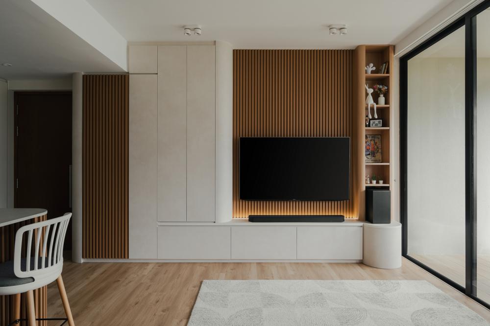 Asian Living Room with Vinyl Flooring and TV Console
