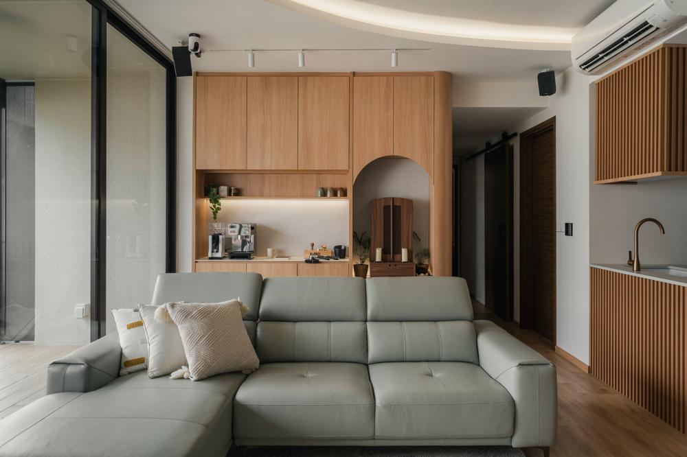 Asian Living Room with Countertop and Sofa