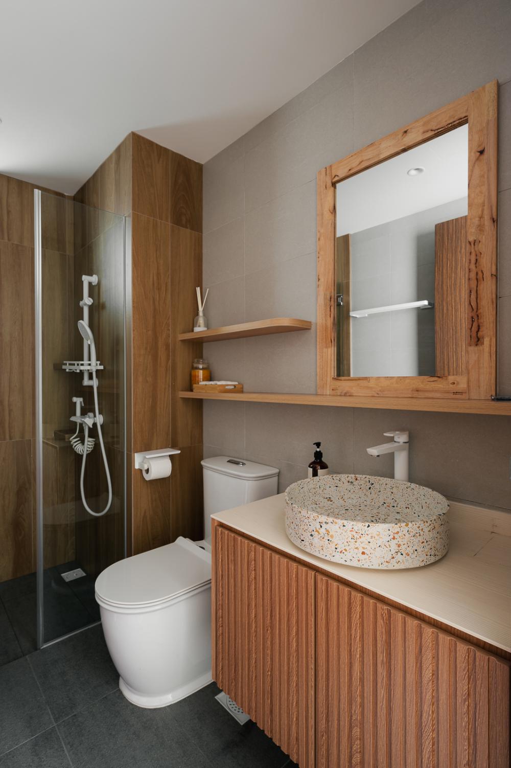 Asian Bathroom with Countertop and Mirror