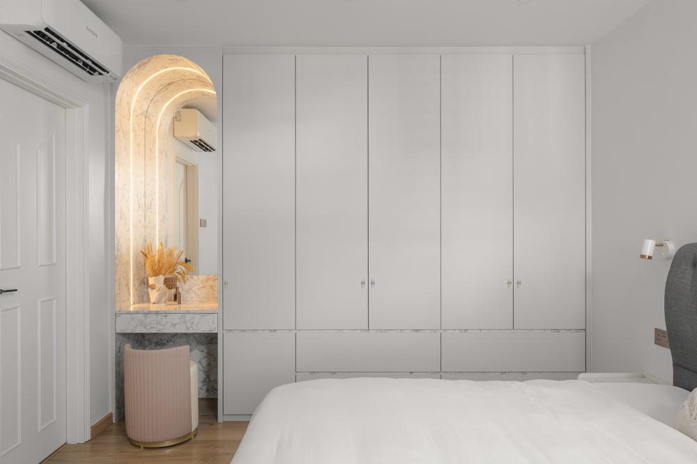 Scandinavian Bedroom with Vinyl Flooring and Cove Lighting