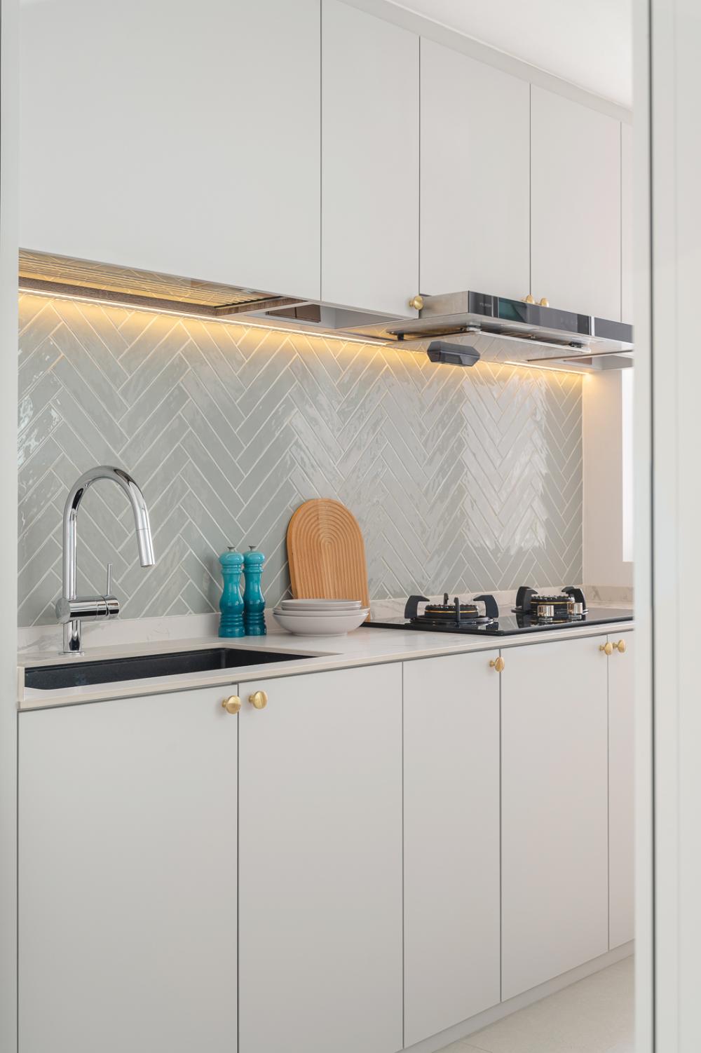 Scandinavian Kitchen with Countertop and Herringbone Tiling