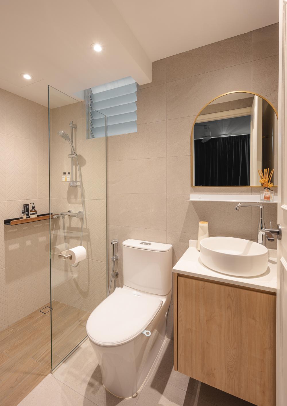 Scandinavian Bathroom with Countertop and Homogeneous Tiles