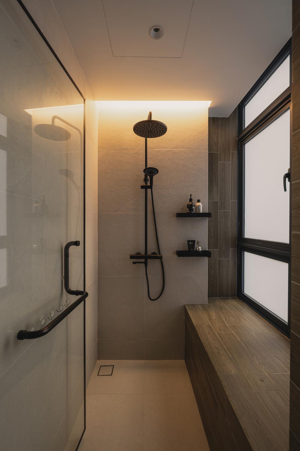 Minimalist Bathroom with Homogeneous Tiles and Shower Screen