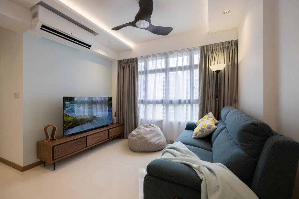 Modern Living Room with Homogeneous Tiles and TV Console
