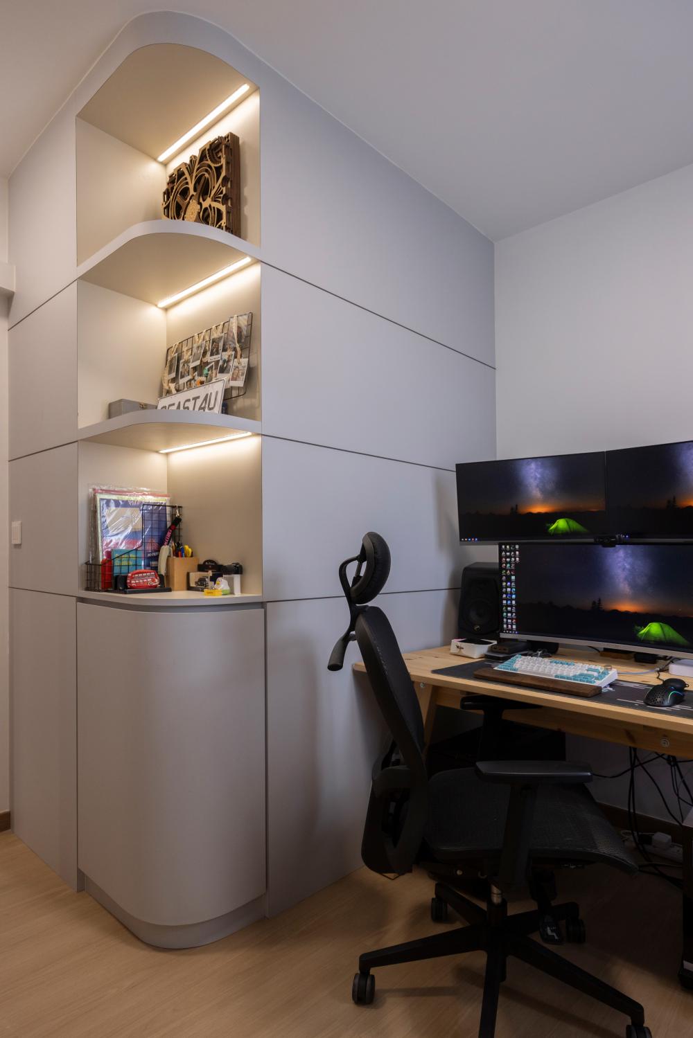 Modern Bedroom with Bookshelf and Vinyl Flooring