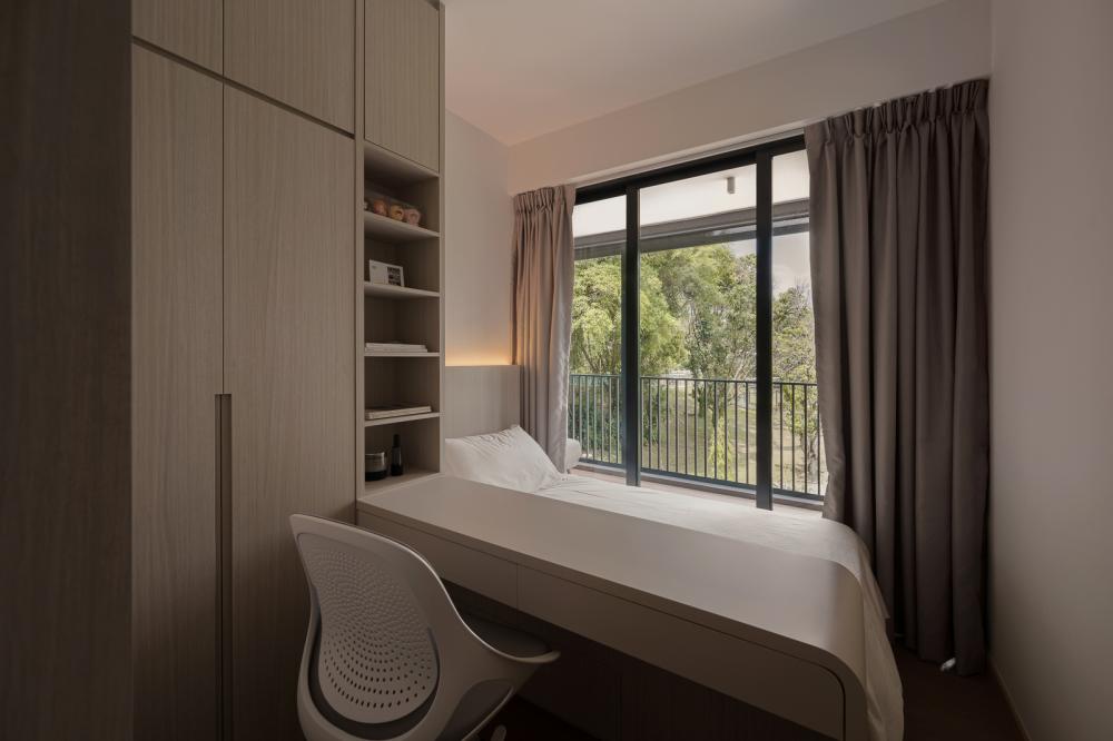Scandinavian Bedroom with Bookshelf and Wardrobe