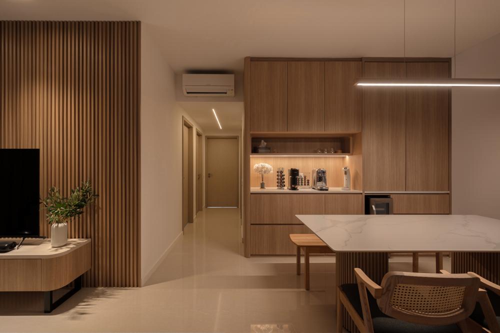 Scandinavian Living Room with Homogeneous Tiles and TV Console