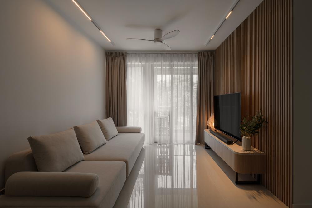 Scandinavian Living Room with TV Console and Feature Wall