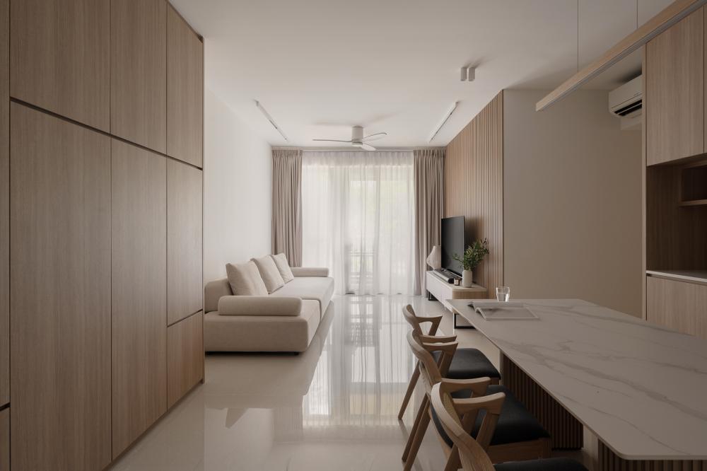 Scandinavian Living Room with Feature Wall and Dining Table