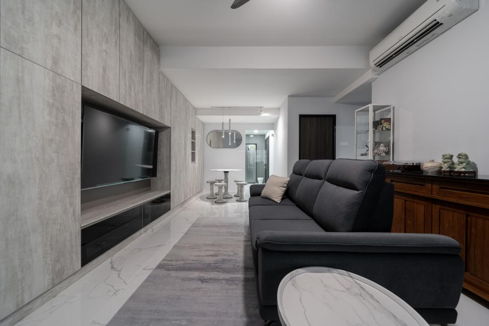 Contemporary Living Room with Marble Floor and TV Console