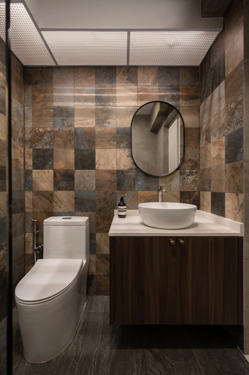 Vintage Bathroom with Countertop and Homogeneous Tiles