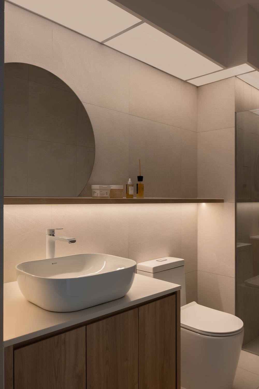 Scandinavian Bathroom with Countertop and Homogeneous Tiles