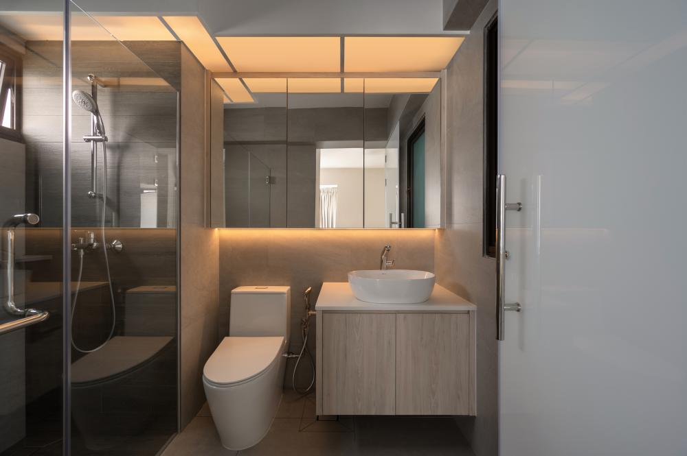 Scandinavian Bathroom with Countertop and Homogeneous Tiles