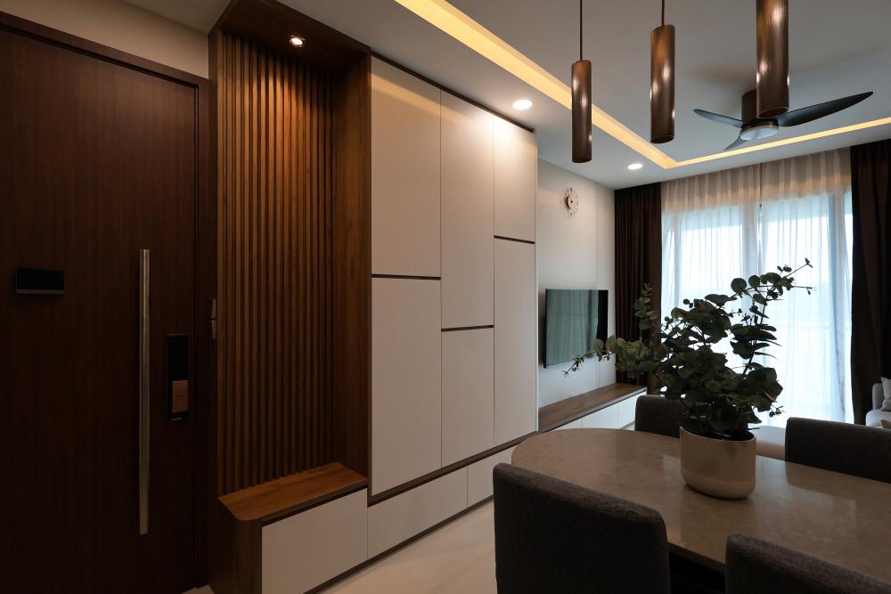 Scandinavian Living Room with TV Console and Feature Wall