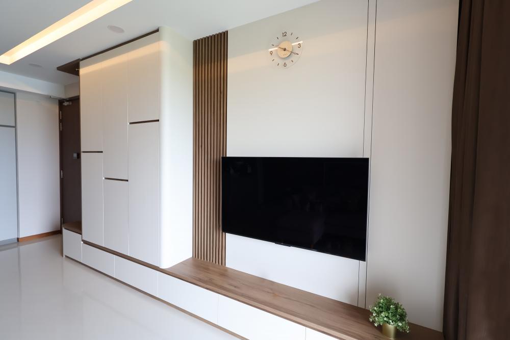 Scandinavian Living Room with TV Console and Feature Wall