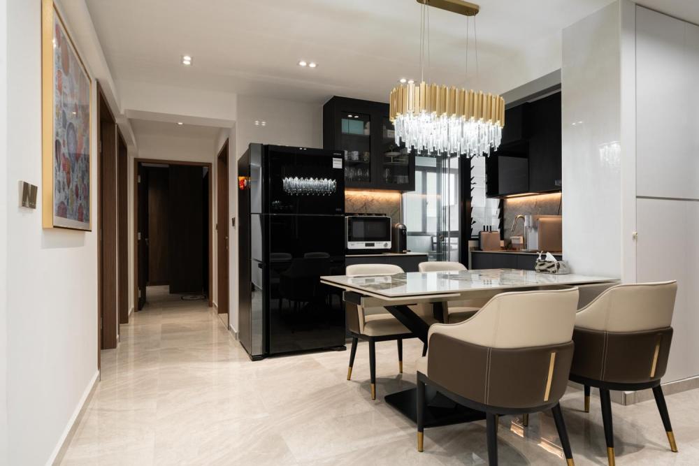Modern Dining Room with Chandelier and Downlights