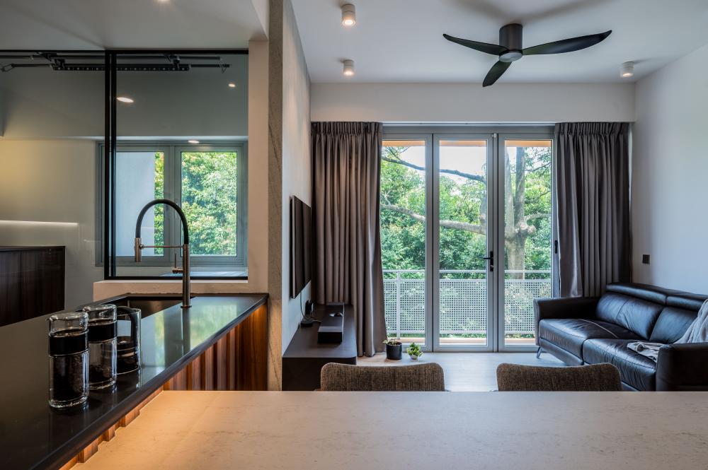 Transitional Living Room with Kitchen Island and Ceiling Fan