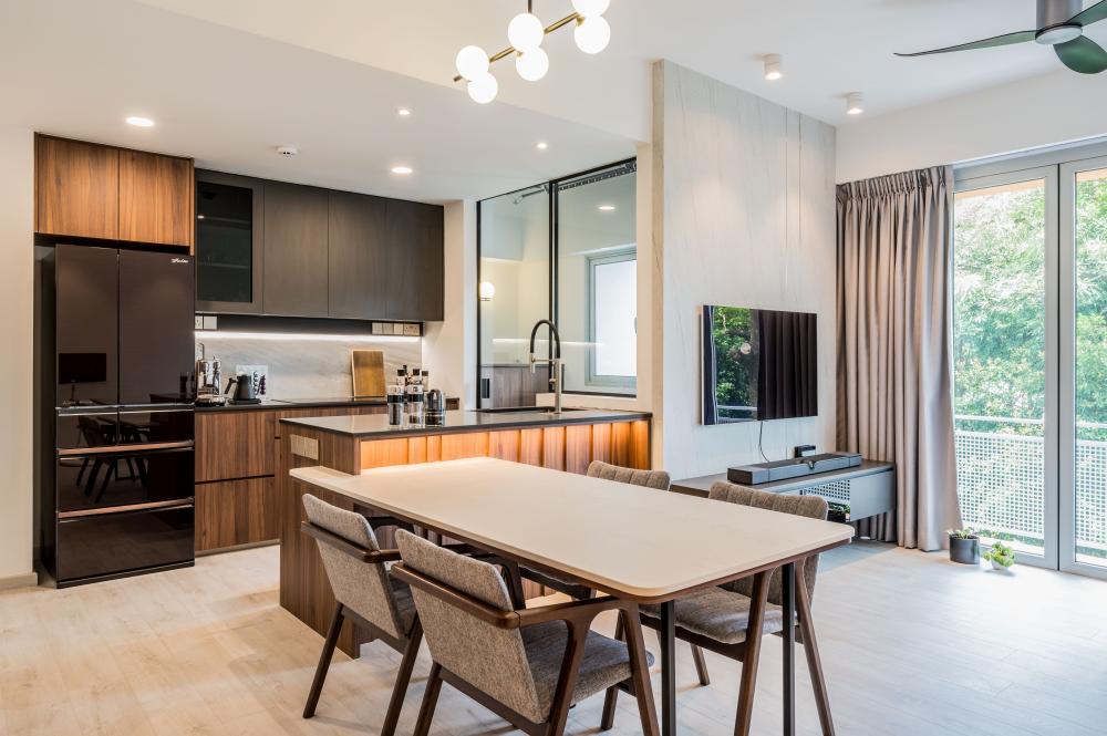 Transitional Dining Room with Kitchen Island and Open Kitchen