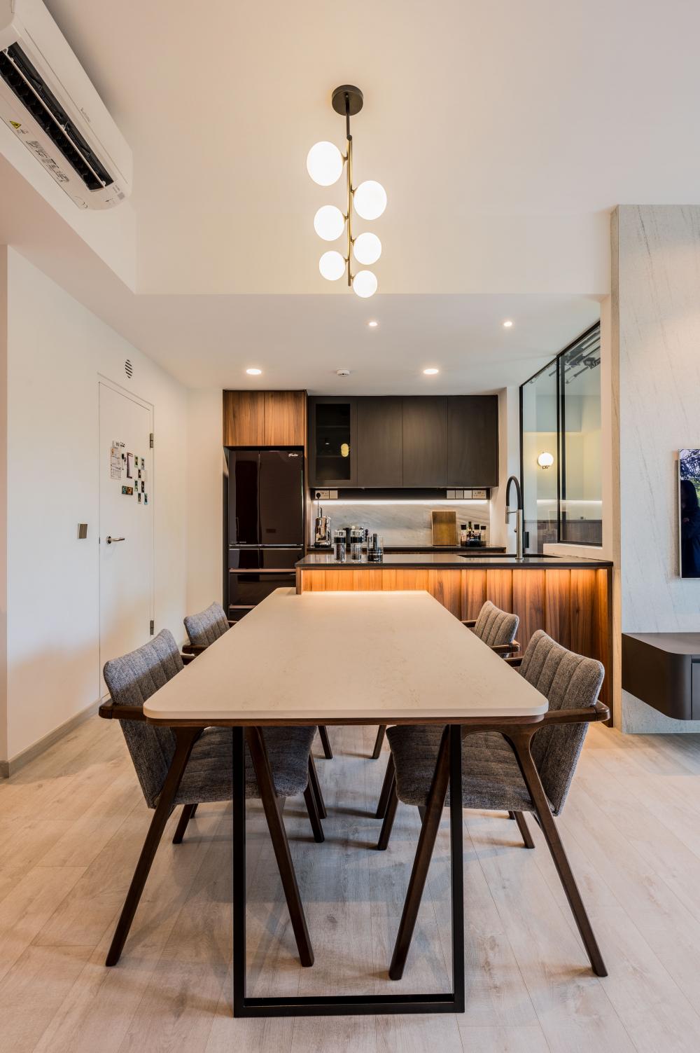 Transitional Dining Room with Kitchen Island and Downlights