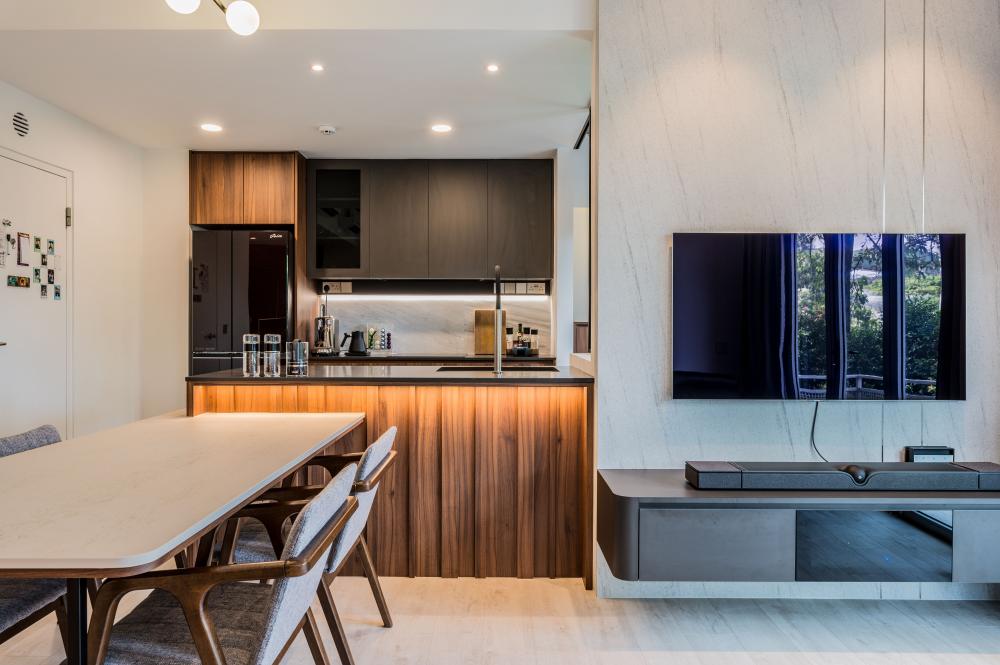 Transitional Living Room with Vinyl Flooring and Feature Wall