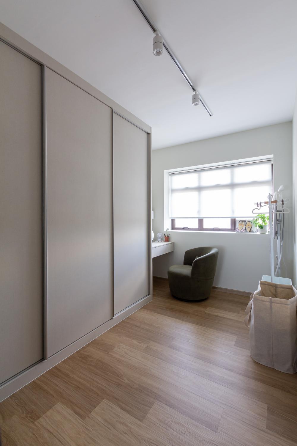 Scandinavian Bedroom with Wood Flooring and Flooring