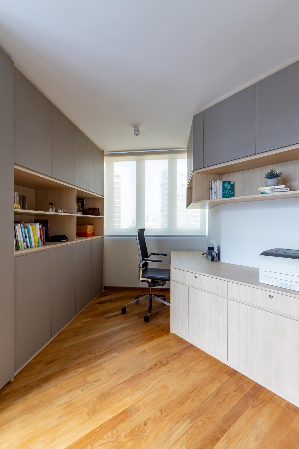 Modern Bedroom with Bookshelf and Lighting