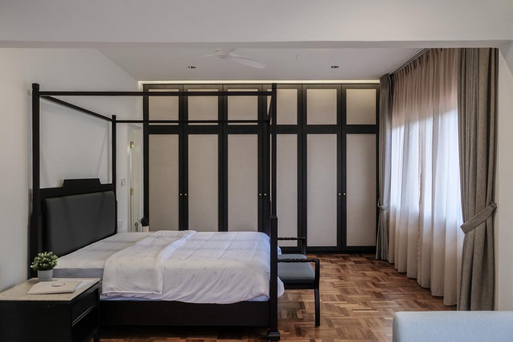 Vintage Bedroom with Parquet Floor and Ceiling Light