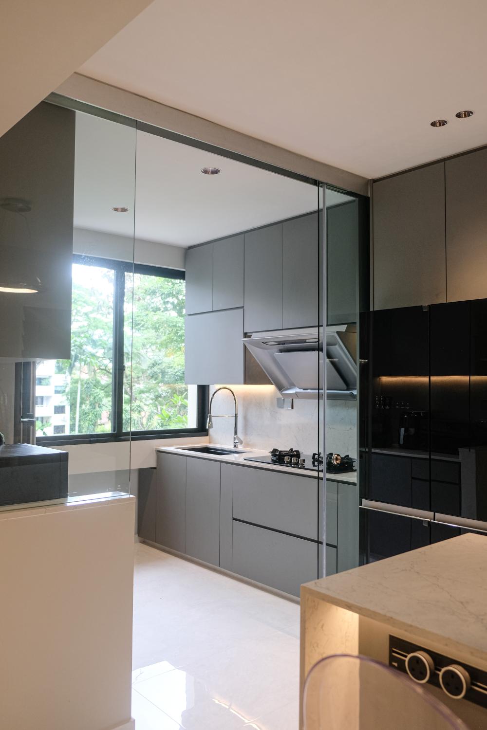 Modern Kitchen with Marble Floor and Kitchen Island