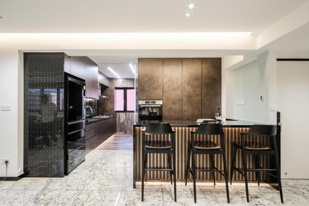 Eclectic Kitchen with Bar Counter and Storage Cabinets