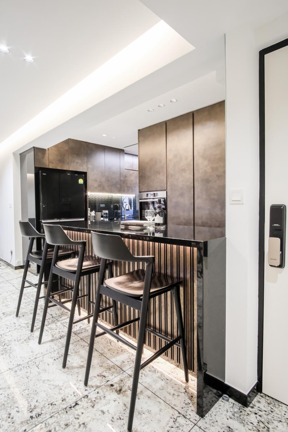 Eclectic Home Bar with Countertop and Cove Lighting