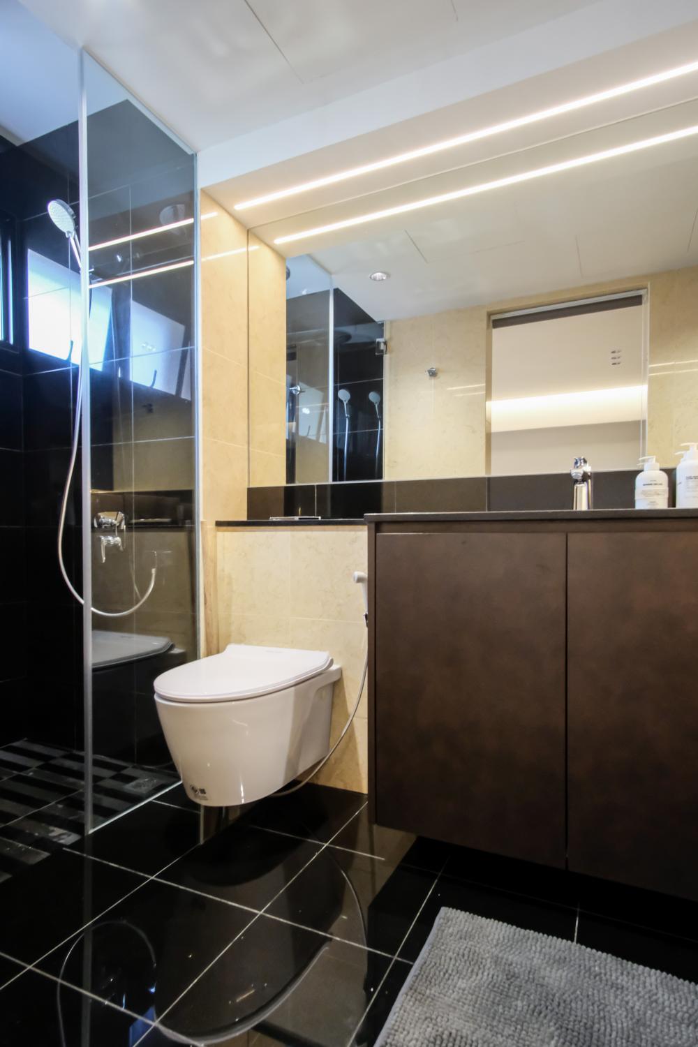 Eclectic Bathroom with Mirror and Shower Screen
