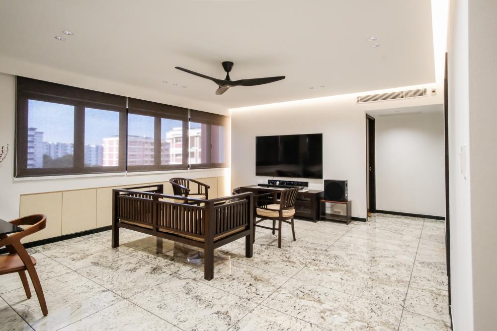 Eclectic Living Room with Marble Floor and Cove Lighting