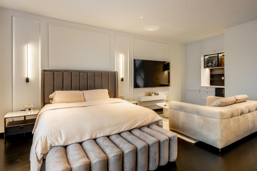 Eclectic Bedroom with Bar Counter and Downlights