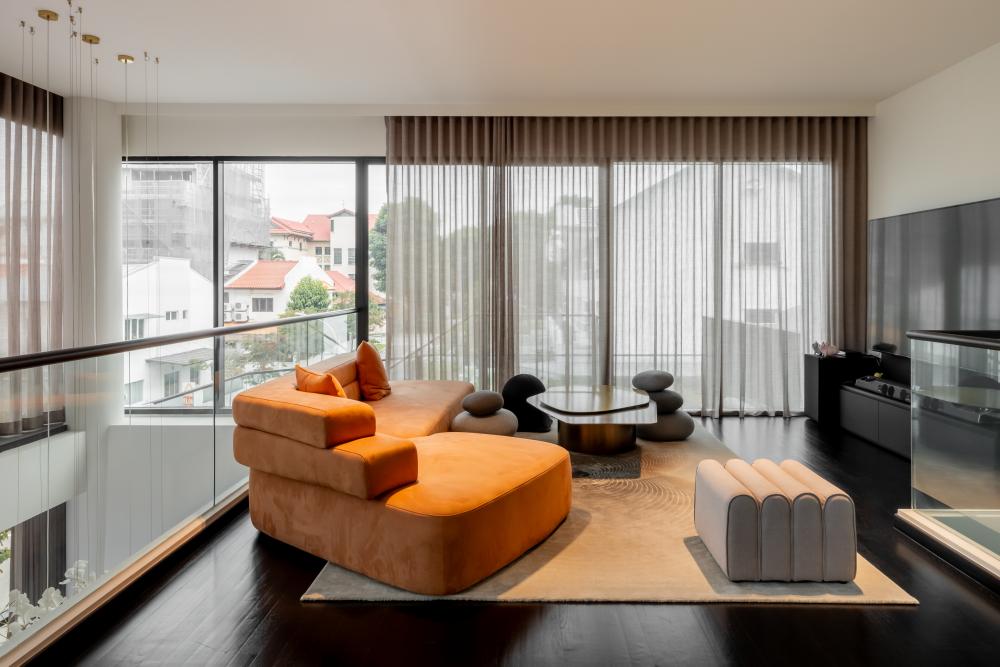 Eclectic Living Room with TV Console and Carpet