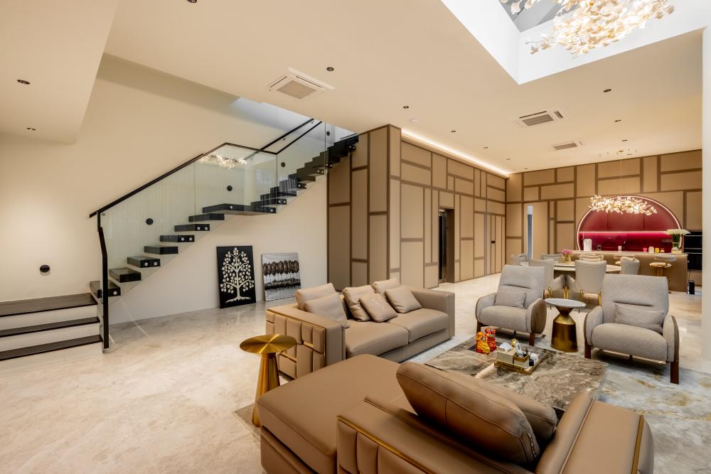 Eclectic Living Room with Marble Floor and Sofa