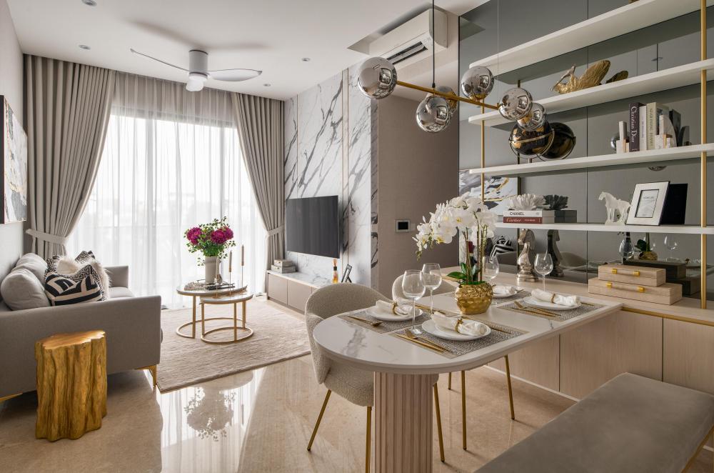 Modern Living Room with Bookshelf and Feature Wall