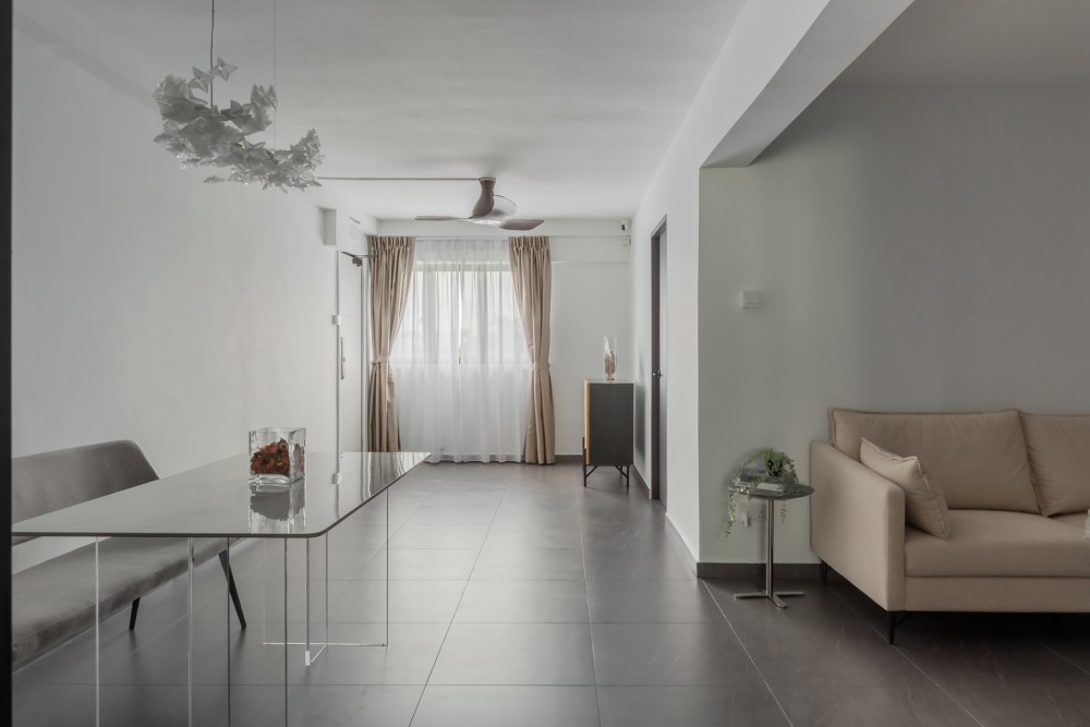 Modern Living Room with Homogeneous Tiles and Curtain