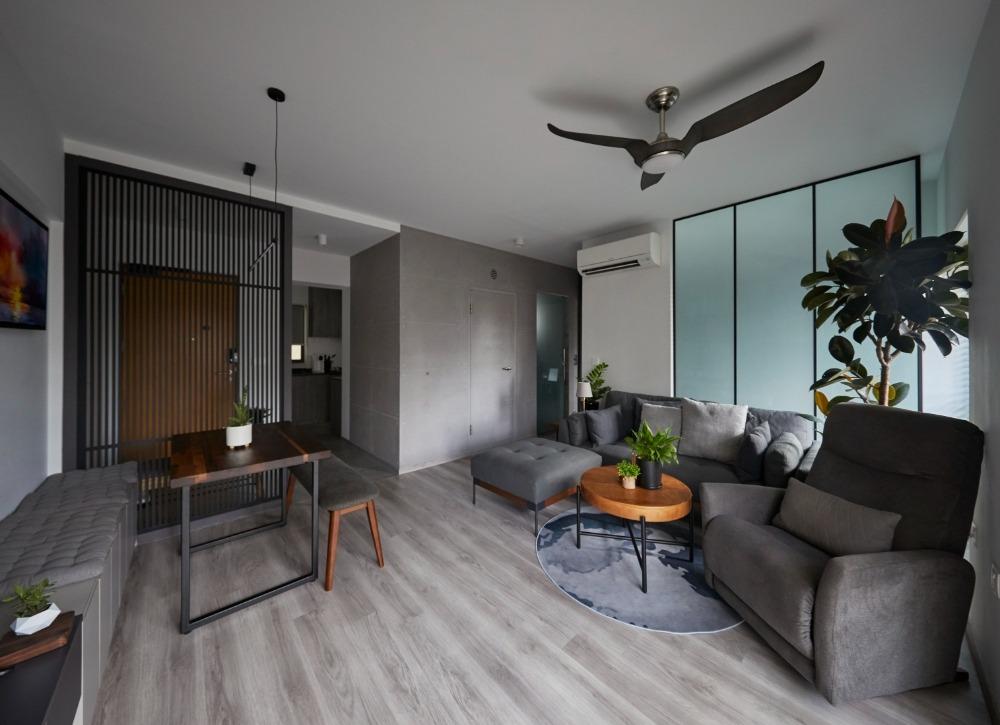 Transitional Living Room with Vinyl Flooring and Feature Wall