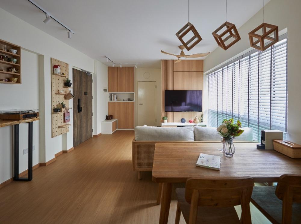 Asian Living Room with Vinyl Flooring and TV Console